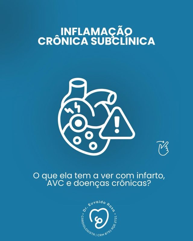 Nem toda inflamação dá dor ou febre.
Existe uma inflamação silenciosa, persistente, que vai agindo aos poucos — e está por trás do infarto, do AVC, do diabetes e de várias doenças crônicas.

Avaliar biomarcadores inflamatórios, como a PCR-ultrassensível, ajuda a entender melhor o risco cardiovascular e a personalizar o tratamento.

Cuidar da inflamação crônica subclínica é prevenção, é tratamento e é longevidade ❤️

#InflamaçãoCrônica #InflamaçãoSubclínica #PrevençãoCardiovascular #SaúdeDoCoração #DoençasCrônicas