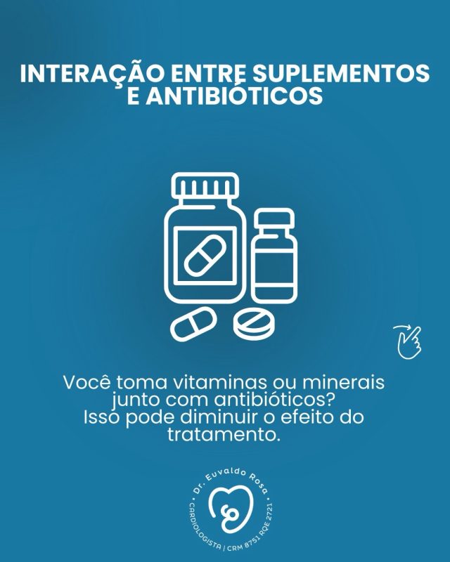 Você sabia que algumas vitaminas e minerais podem diminuir o efeito de certos antibióticos?

Cálcio, ferro, magnésio e zinco podem impedir a absorção de medicamentos como ciprofloxacino, levofloxacino e doxiciclina.
Isso pode atrasar a melhora da infecção e até levar à falha do tratamento.

Na maioria das vezes, a solução é simples:
separar os horários e evitar o uso sem orientação médica.

Pequenos cuidados fazem grande diferença na eficácia do tratamento.

👉 Você costuma usar suplementos junto com medicamentos?

#antibiótico #suplementos #interaçãomedicamentosa #segurançadoPaciente #cardiogeriatria