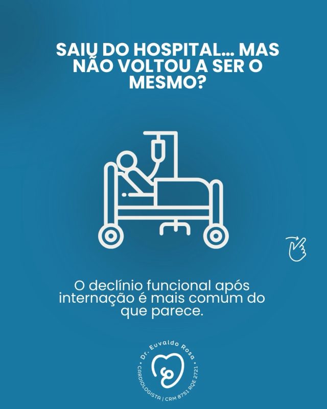 Muitos idosos recebem alta hospitalar com exames melhores…
mas com menos força, menos equilíbrio e menos independência.

Esse quadro se chama declínio funcional pós-internação — e é uma das principais causas de perda de autonomia, quedas, novas internações e até mortalidade no idoso.

A boa notícia é que identificação precoce, reabilitação, nutrição adequada e revisão de medicamentos podem recuperar função e qualidade de vida.

Na medicina do envelhecimento saudável, o mais importante não é apenas viver mais…
é continuar caminhando, decidindo e sendo independente.

Se você tem um familiar idoso que piorou após internação, procure avaliação.
Recuperar função é possível.

Salve este post para lembrar após qualquer internação de um familiar idoso
e compartilhe com quem cuida de pessoas mais velhas. 💙

#Geriatria #Idoso #Reabilitação #SaúdeDoIdoso #EnvelhecimentoSaudável
