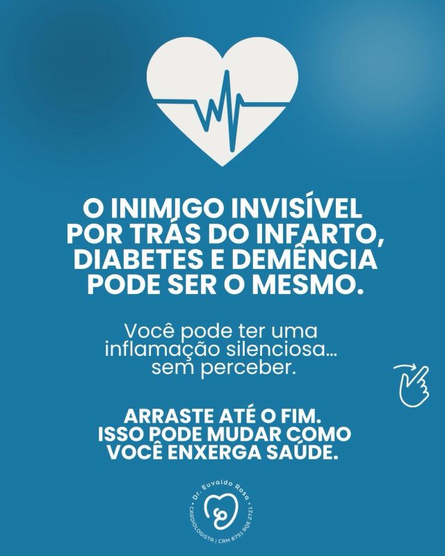 Muita gente pensa em inflamação como dor ou infecção.

Mas existe outra inflamação.

Silenciosa.

Persistente.

E, em muitos casos, ligada a diabetes, doença cardiovascular, doença renal e envelhecimento acelerado.

Cada vez mais, as evidências mostram: talvez não estejamos falando só de consequência da doença — mas de um dos seus motores.

E isso muda a prevenção.

Porque prevenir não é apenas tratar números.

É entender mecanismos.

Você já tinha pensado nisso?

👇 Me conta aqui se quer mais conteúdos sobre inflamação e risco cardiovascular.

#InflamaçãoCrônica #SaúdeCardiometabólica #LongevidadeSaudável #PrevençãoCardiovascular #DiabetesTipo2 MedicinaPreventiva SaúdeMetabólica CardiologiaPreventiva