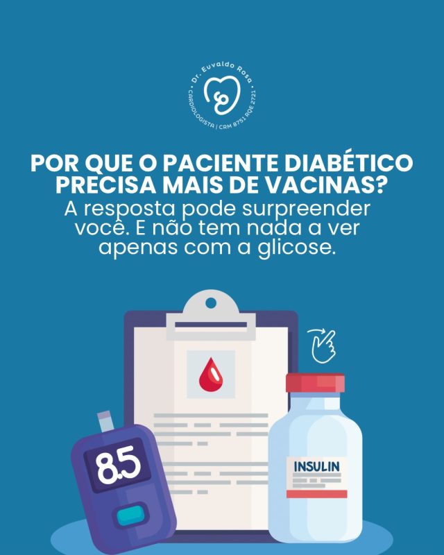 Diabetes vai muito além do controle da glicose. 💉

Muita gente não sabe, mas o diabetes também reduz a capacidade de defesa do organismo, aumentando o risco de infecções graves, internações e uma recuperação mais lenta.

É por isso que manter a vacinação em dia faz parte do tratamento. Vacinas como influenza, COVID-19 e pneumocócica ajudam a prevenir doenças que podem trazer complicações importantes para quem vive com diabetes.

Cuidar da saúde não é apenas controlar os números dos exames. É investir em prevenção para viver com mais segurança, qualidade de vida e menos riscos.

💙 Se você tem diabetes ou conhece alguém que convive com a doença, converse com seu médico sobre quais vacinas são indicadas para o seu caso.

#Diabetes #Vacinação #Prevenção #Saúde #Cardiologia
