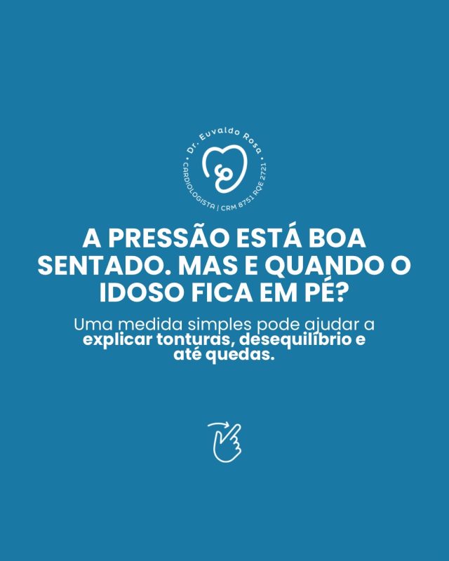 A pressão pode estar ótima enquanto o idoso está sentado… **e cair quando ele fica em pé.**

E, muitas vezes, é aí que está a explicação para aquela tontura, fraqueza, desequilíbrio ou até para uma queda que parecia “sem motivo”.

A **hipotensão ortostática** merece atenção, principalmente no idoso. E pesquisá-la é relativamente simples: medir a pressão em repouso e observar o que acontece após ficar em pé.

Mais importante do que encontrar a pressão baixa é entender **por que ela está caindo**: medicamentos, desidratação, diabetes, alterações do sistema nervoso autonômico e outras condições podem estar por trás.

No envelhecimento, pequenos sinais podem dizer muita coisa. **Não basta medir a pressão. É preciso saber como o organismo responde.**

Salve este carrossel e compartilhe com quem cuida de uma pessoa idosa. 💙

#HipotensãoOrtostática #SaúdeDoIdoso #Cardiogeriatria #LongevidadeSaudável #PrevençãoDeQuedas