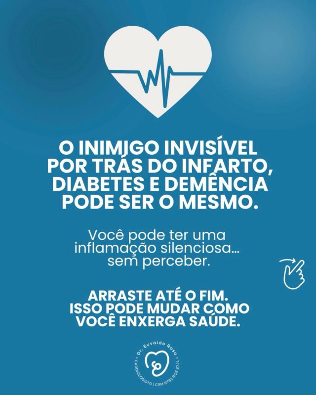Muita gente pensa em inflamação como dor ou infecção.

Mas existe outra inflamação.

Silenciosa.

Persistente.

E, em muitos casos, ligada a diabetes, doença cardiovascular, doença renal e envelhecimento acelerado.

Cada vez mais, as evidências mostram: talvez não estejamos falando só de consequência da doença — mas de um dos seus motores.

E isso muda a prevenção.

Porque prevenir não é apenas tratar números.

É entender mecanismos.

Você já tinha pensado nisso?

👇 Me conta aqui se quer mais conteúdos sobre inflamação e risco cardiovascular.

#InflamaçãoCrônica #SaúdeCardiometabólica #LongevidadeSaudável #PrevençãoCardiovascular #DiabetesTipo2
