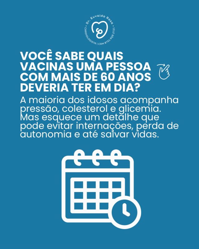 Cuidar do coração também é fortalecer a proteção do seu corpo. ❤️

Depois dos 60 anos, manter a vacinação em dia é uma das formas mais simples e eficazes de prevenir infecções, reduzir internações e preservar a qualidade de vida.

Prevenir continua sendo o melhor caminho para envelhecer com saúde e autonomia. 💙

#Vacinação #SaúdeDoIdoso #Prevenção #Cardiologia #EnvelhecimentoSaudável