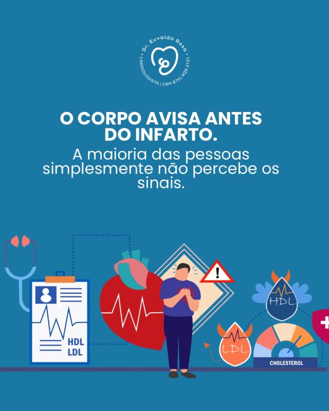 A maioria das pessoas acredita que o infarto acontece sem aviso. A verdade é que, em muitos casos, o coração envia sinais dias, semanas ou até meses antes do evento.

Nem sempre é uma dor intensa no peito. Pode ser um cansaço fora do comum, falta de ar, aperto no peito durante esforços ou até um mal-estar que parece “não ter importância”.

O grande desafio é que muitas pessoas atribuem esses sintomas à idade, ao estresse, ao refluxo ou ao sedentarismo e acabam adiando a avaliação médica.

Ouvir o corpo, identificar esses sinais precocemente e controlar os fatores de risco continua sendo a estratégia mais eficaz para evitar um infarto e proteger a saúde cardiovascular.

Compartilhe este conteúdo. Você pode ajudar alguém a reconhecer um sinal importante antes que seja tarde.

#Cardiologia #Infarto #SaúdeDoCoração #Longevidade #PrevençãoCardiovascular