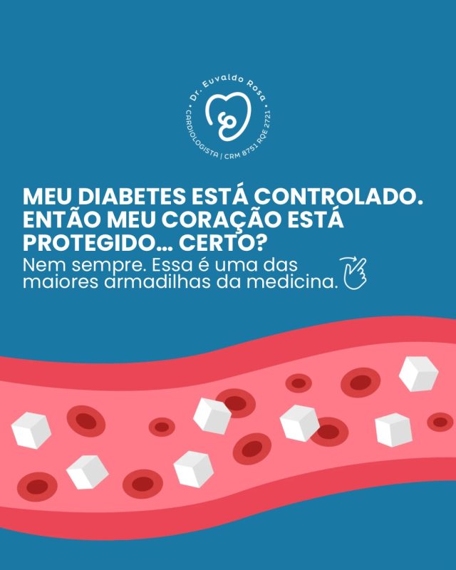 Você pode se sentir bem, ter uma glicemia aparentemente controlada e, ainda assim, estar acumulando risco cardiovascular.

Essa é uma das maiores mudanças no tratamento moderno do diabetes: hoje sabemos que controlar apenas o açúcar no sangue não basta. Precisamos proteger o coração, os rins e o cérebro.

Se você tem diabetes, converse com seu médico sobre sua avaliação de risco cardiovascular. Em muitos casos, a prevenção começa antes do primeiro sintoma.

❤️ Cuidar do diabetes é cuidar das artérias.

Você já fez uma avaliação completa do seu risco cardiovascular?